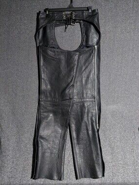 Vintage 90s FMC Black Leather Chaps with Lace-Up Waist Unisex Sz XS